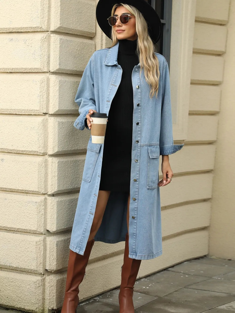 Pocketed Button Down Collared Neck Denim Jacket in Light Blue, view 6
