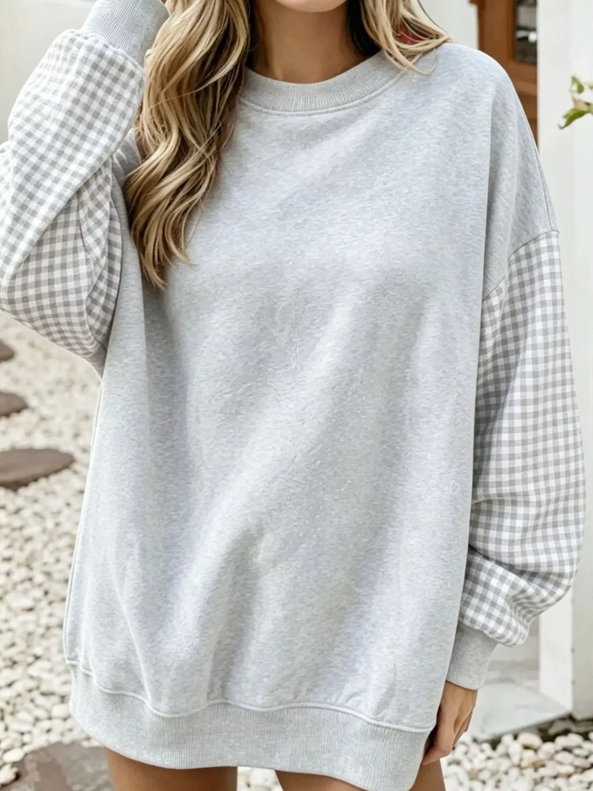 Contrast Gingham Long Sleeve Sweatshirt - Lilixa.store