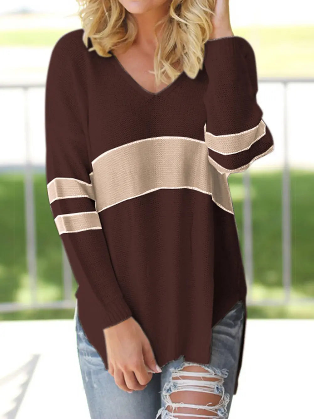 Striped V-Neck Long Sleeve Sweater, view 5