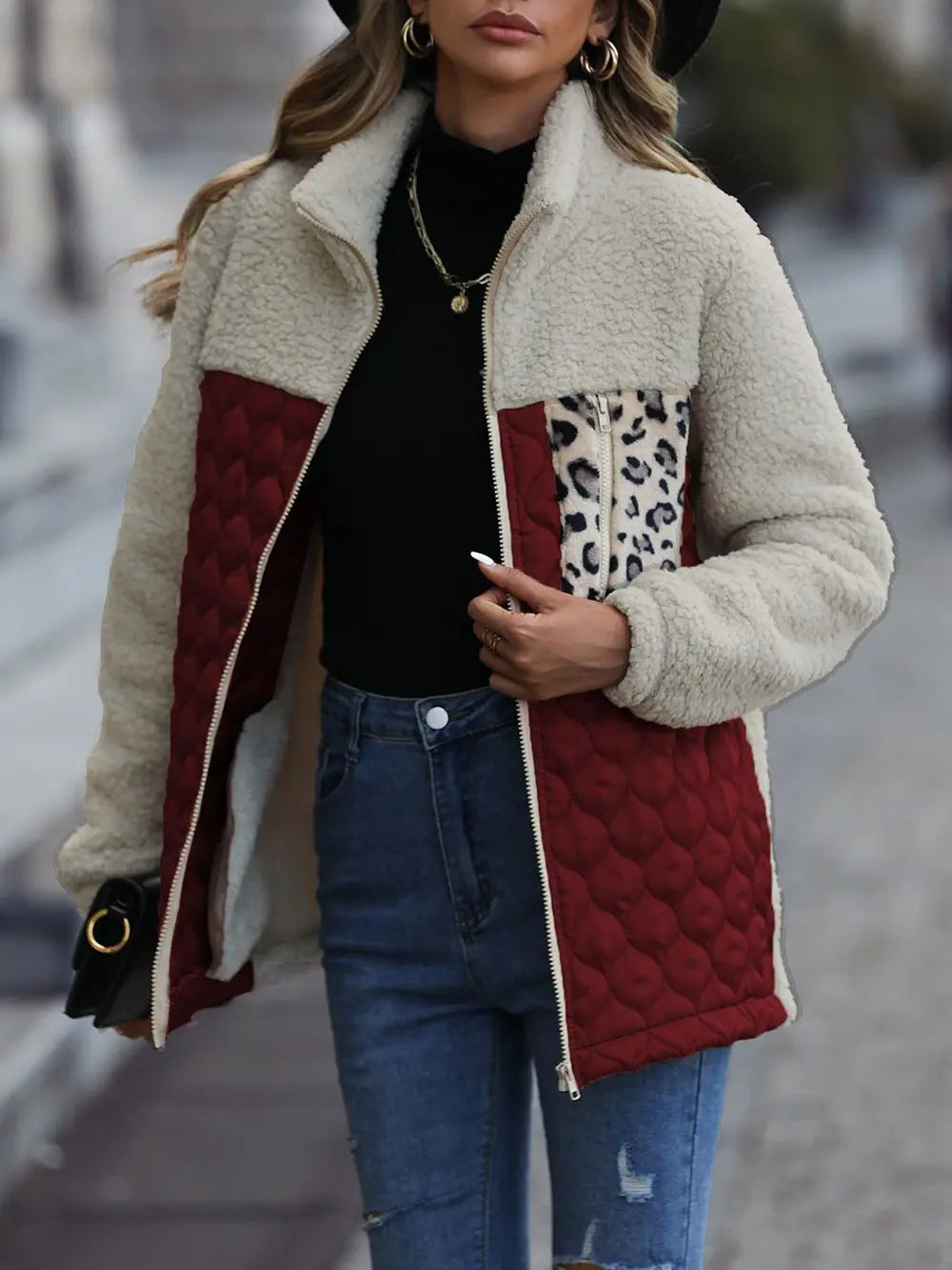 Leopard Color Block Zip-Up Jacket, view 6
