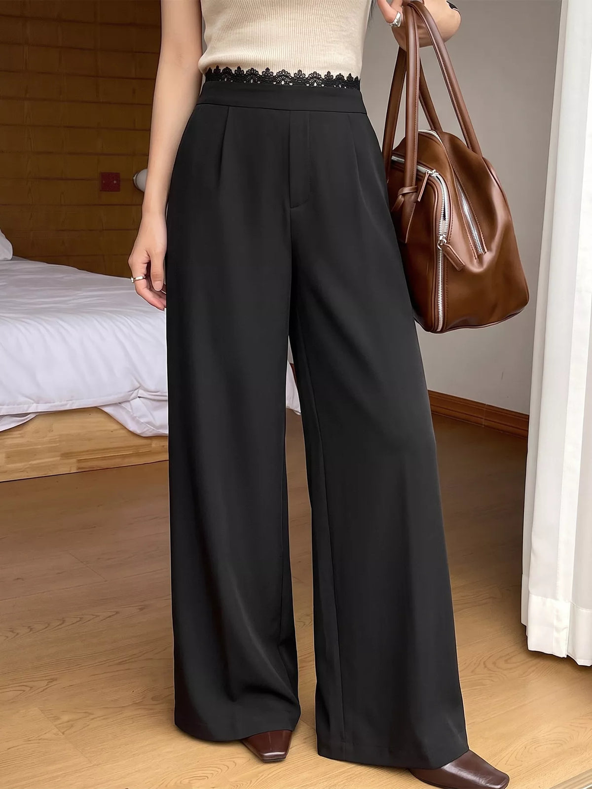 High-Waisted Wide-Leg Lace-Trimmed Pants
