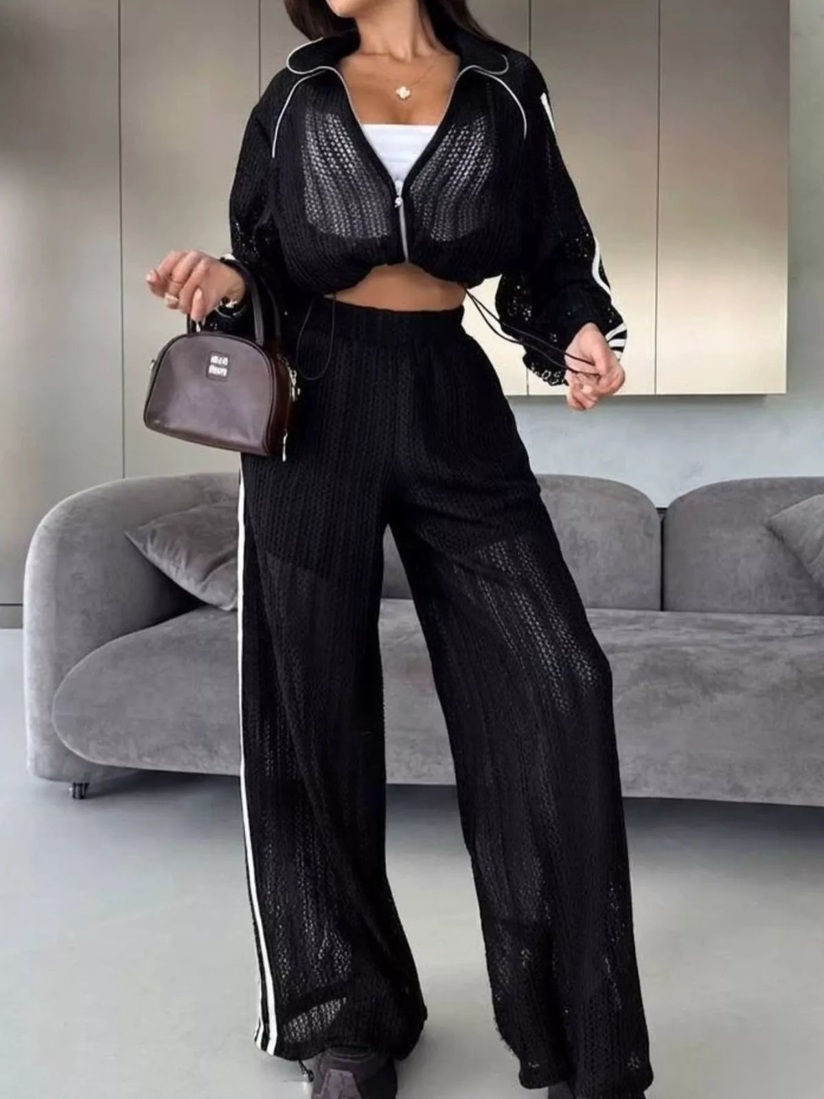 Side Stripes Zip Up Top and Pants Set - Lilixa.store