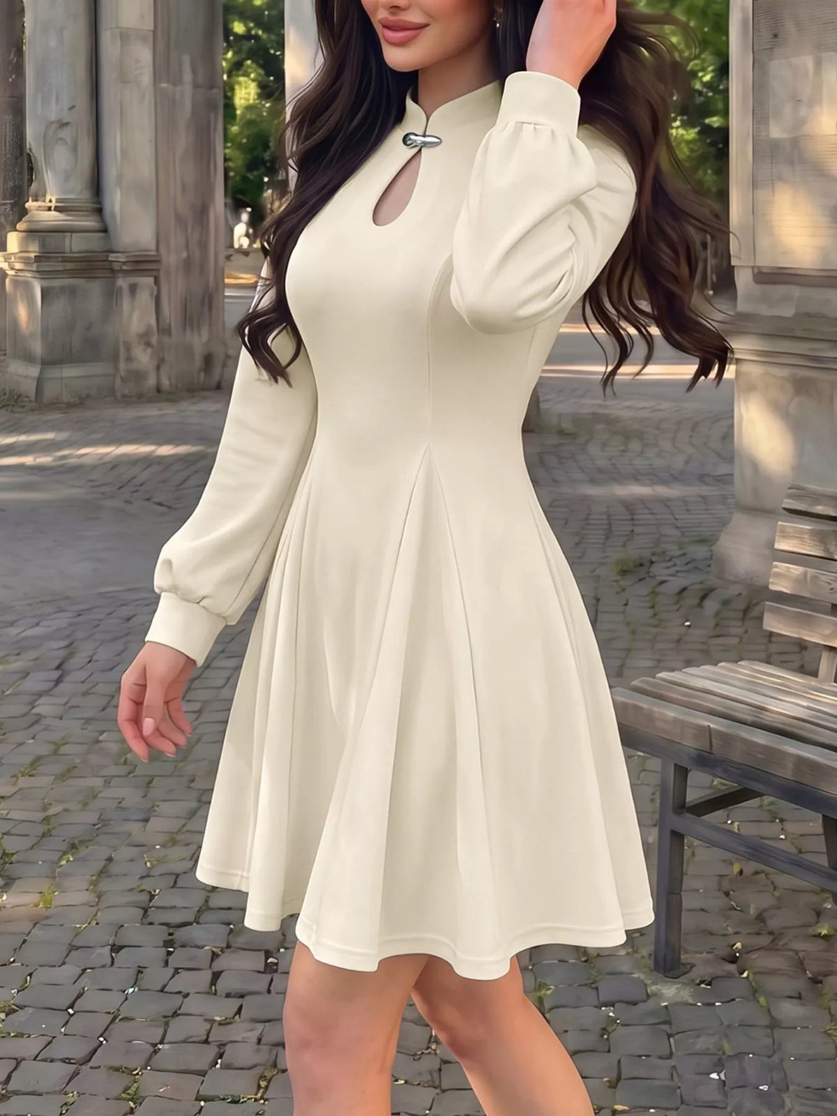 Keyhole Neckline Long Sleeve A-Line Mini Dress in Apricot, view 2