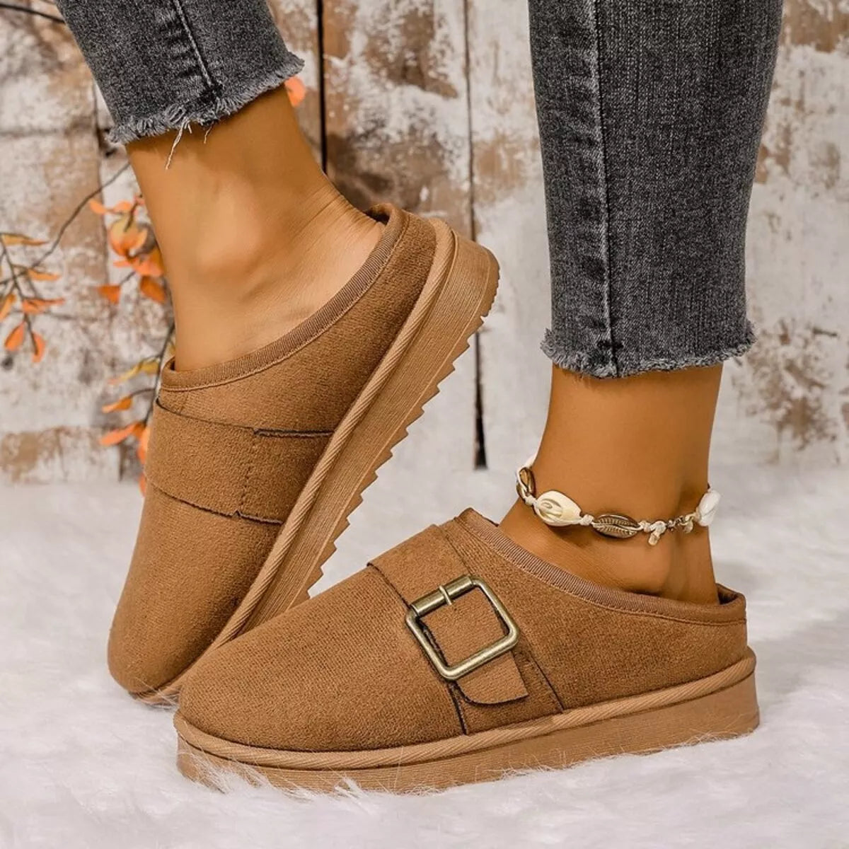 Buckle Decor Plush Lined Warm Slippers - Lilixa.store