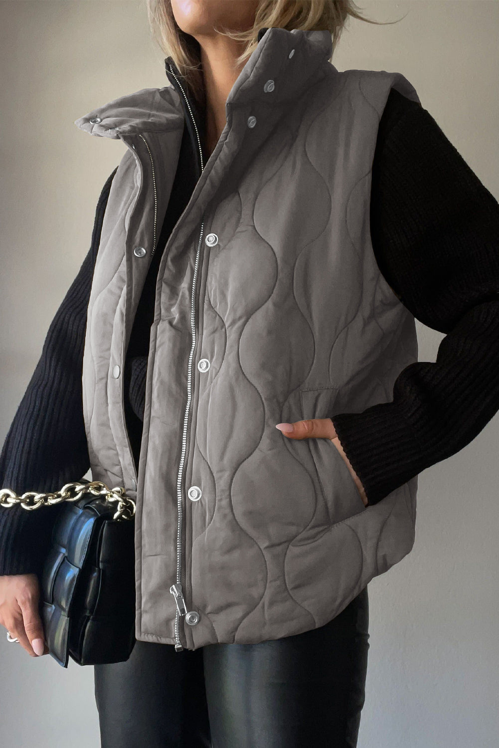 Collared Neck Vest with Pockets in Charcoal