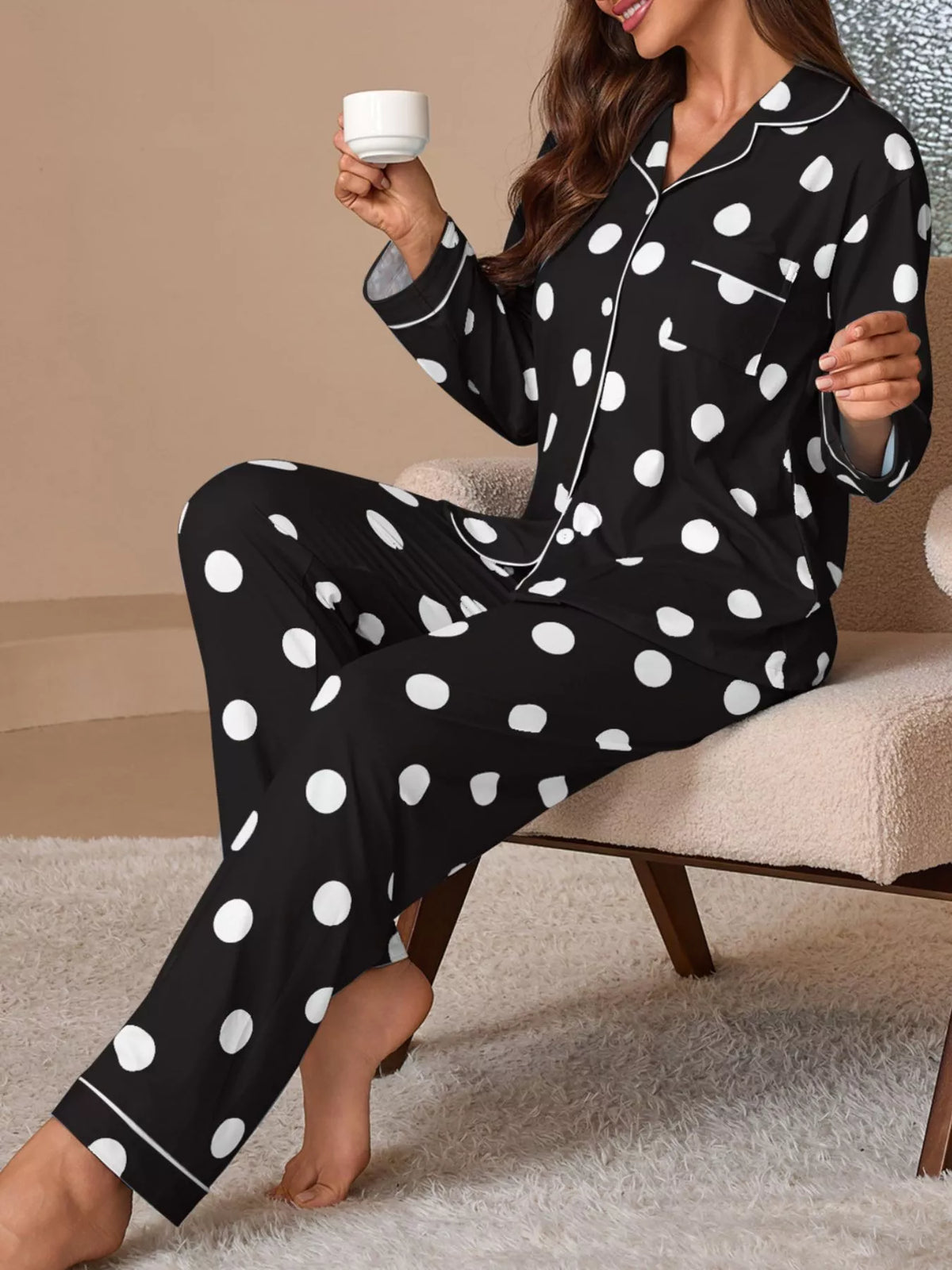 Polka Dot Button-Down Top and Pants Lounge Set - Lilixa.store