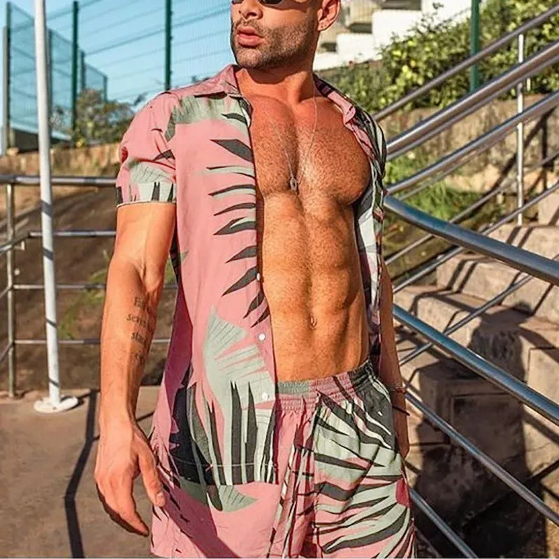 Men's Full Size Button Up Shirt and Shorts Set Plus Size in Pink