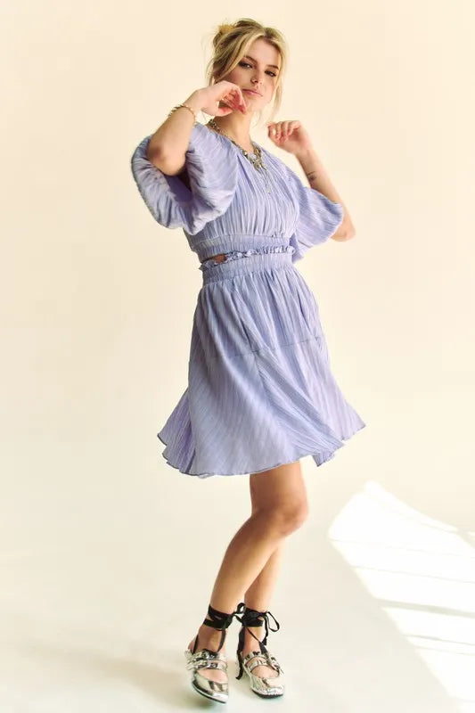 Davi & Dani Back Button Puff Sleeve Mini Dress - Lilixa.store