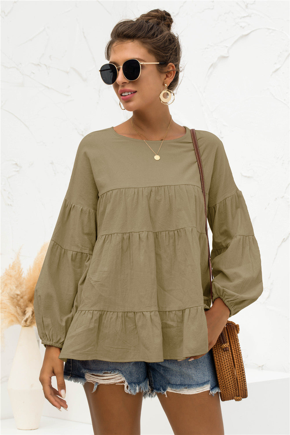Round Neck Bubble Sleeve Tiered Blouse, view 10