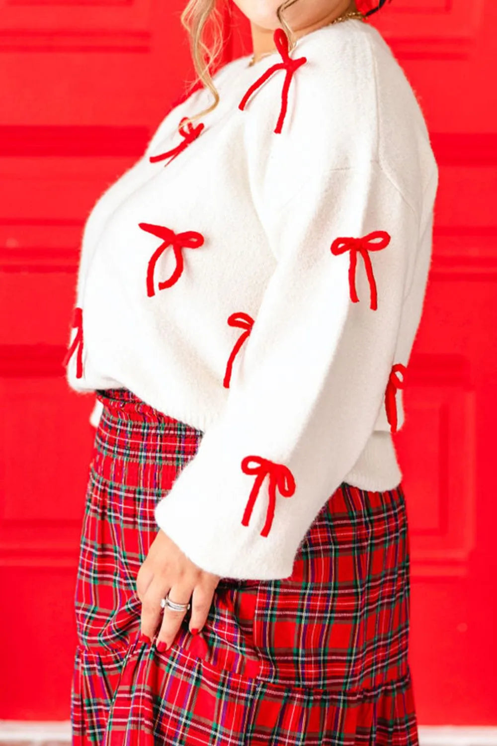 Bow Trim Round Neck Long Sleeve Sweater - Lilixa.store