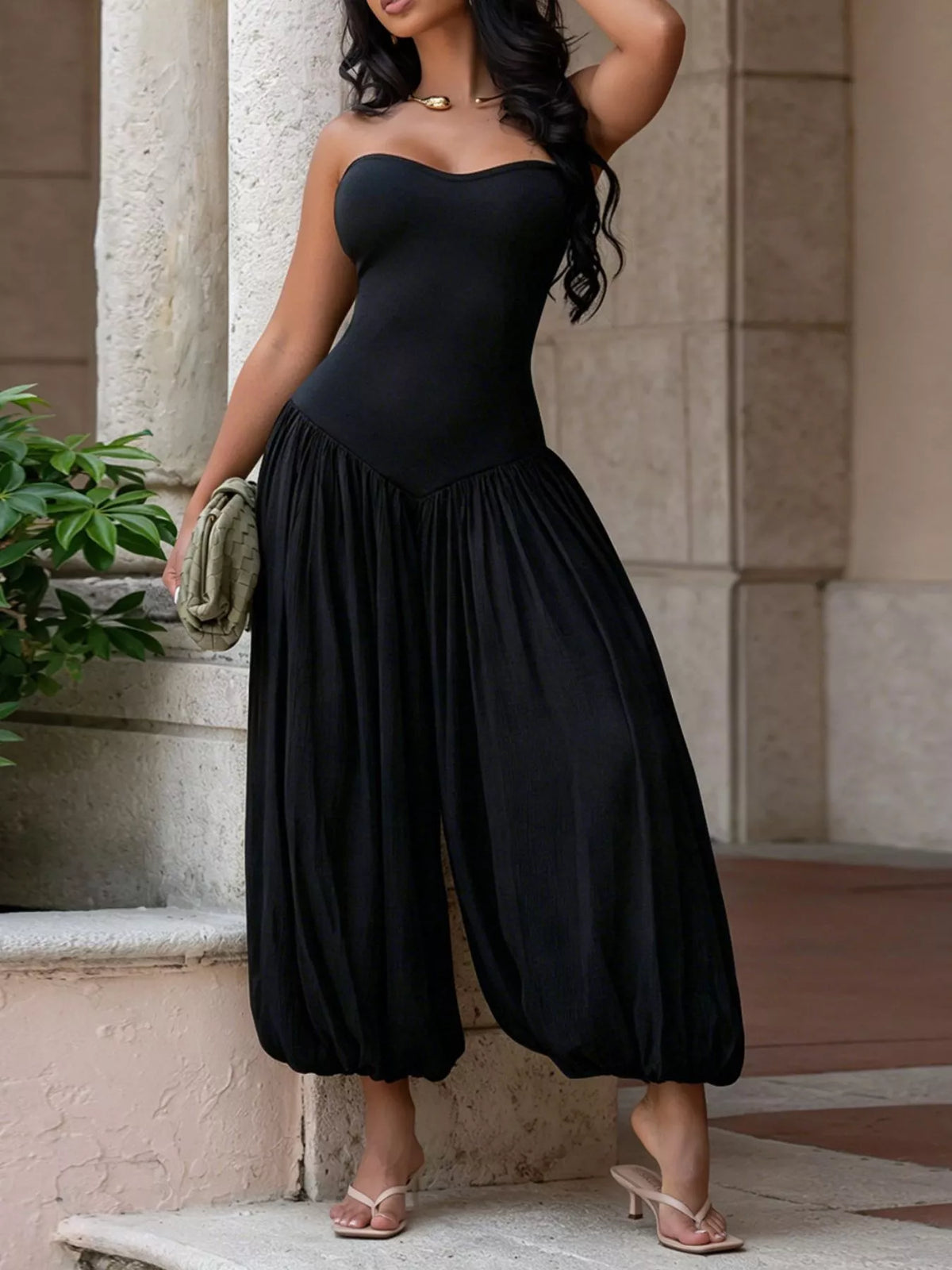 Strapless Ruched Wide-Leg Jumpsuit in Black