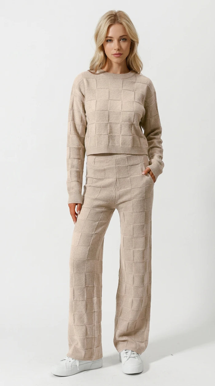 Double Take Full Size Checkered Round Neck Top and Pants Set in Tan