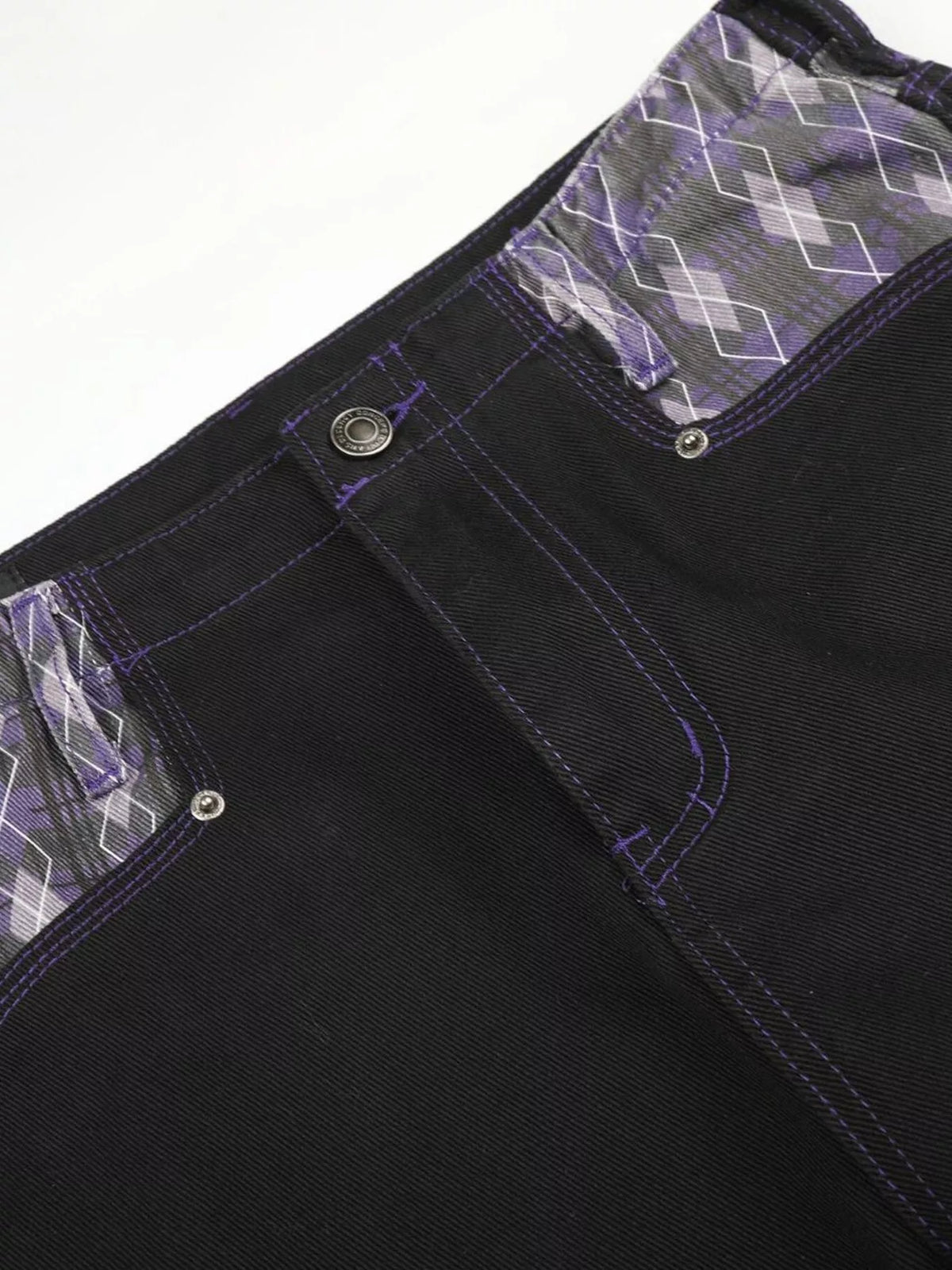Men's High-Waisted Wide-Leg Jeans with Argyle Pattern Accents in Black, view 9