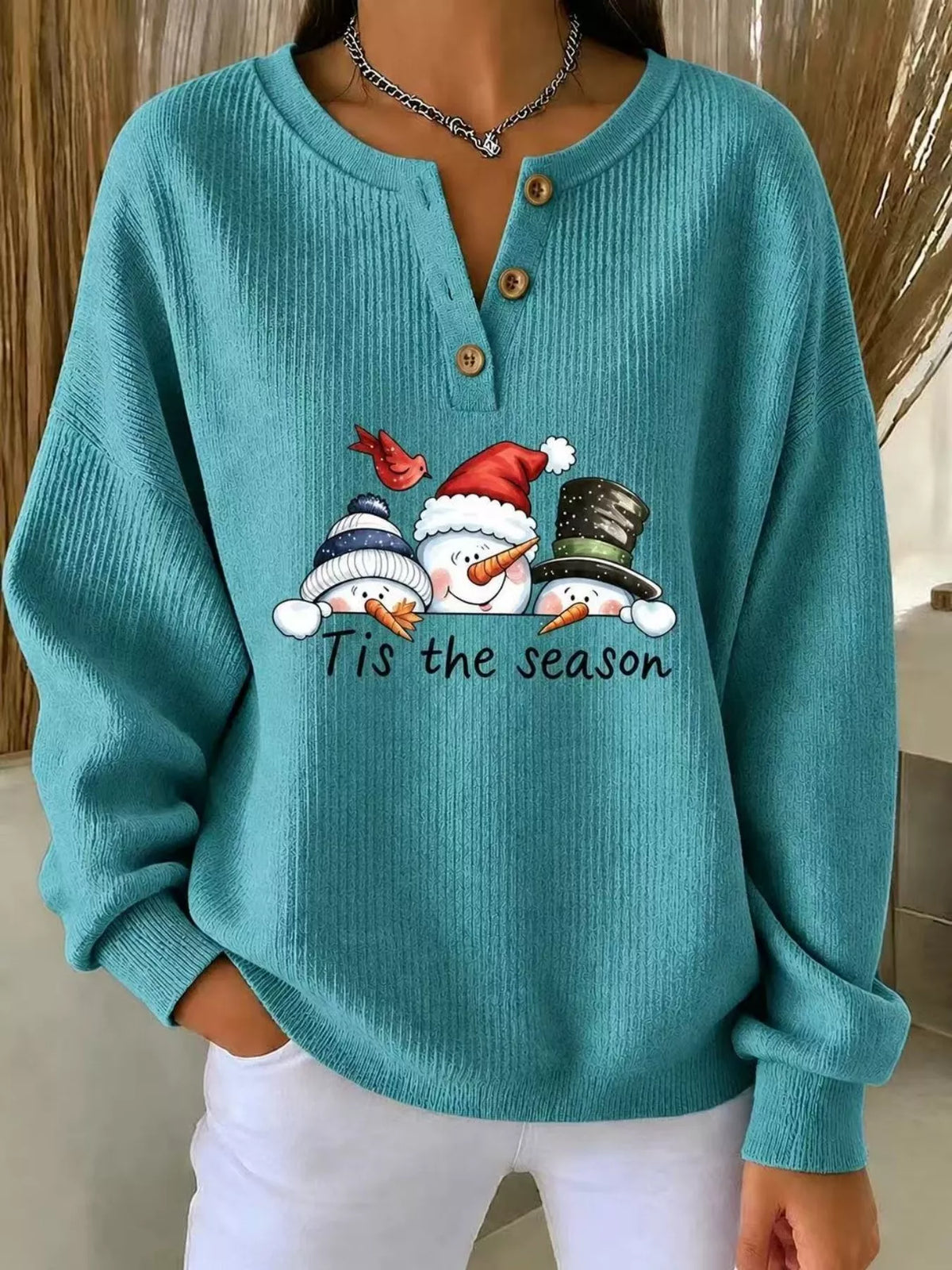 Full Size Christmas Themed Snowman Graphic Ribbed Henley Sweatshirt Plus Size in Turquoise