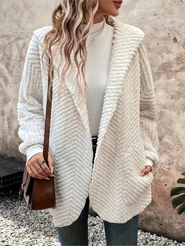 Open Front Long Sleeve Hooded Fuzzy Cardigan in Ivory