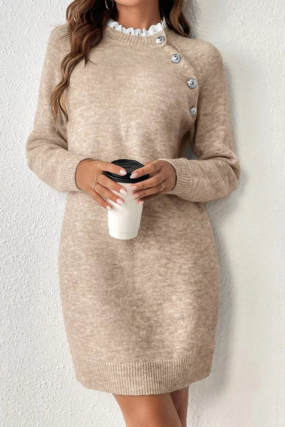 Ribbed Hem Raglan Sleeve Sweater Dress in Tan, view 3