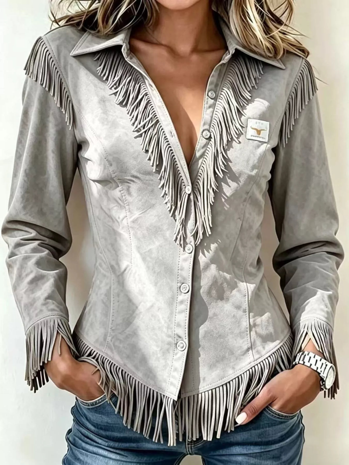 Full Size Fringed Collared Neck Shirt Plus Size - Lilixa.store
