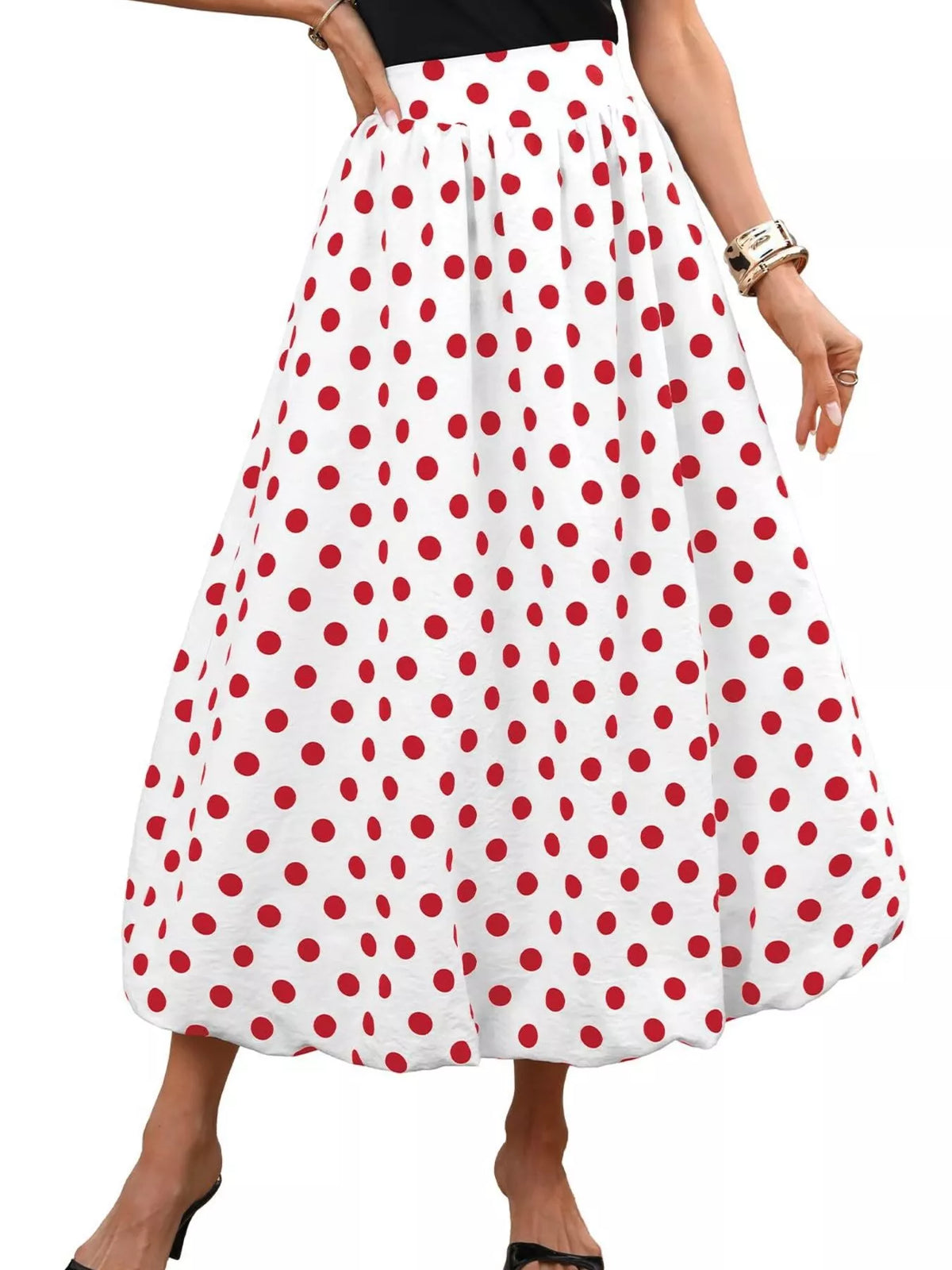 High-Waisted Polka Dot A-Line Midi Skirt in White Red Dot