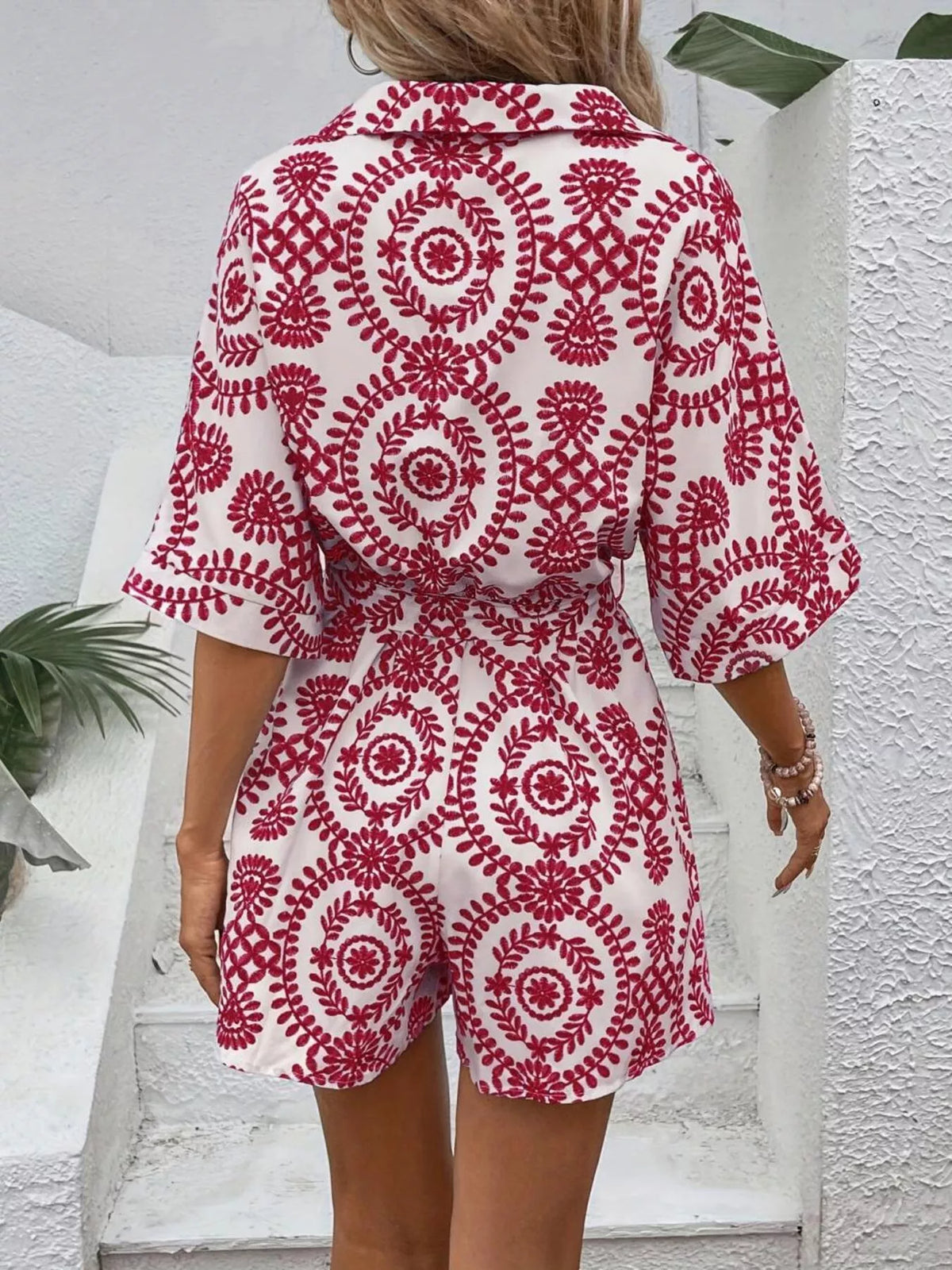 Printed Tie Waist Button Front Romper - Lilixa.store