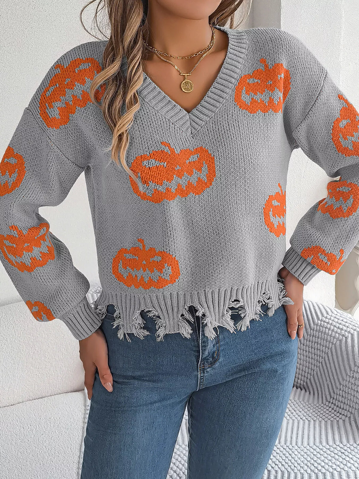 Pumpkin Distressed Hem Sweater