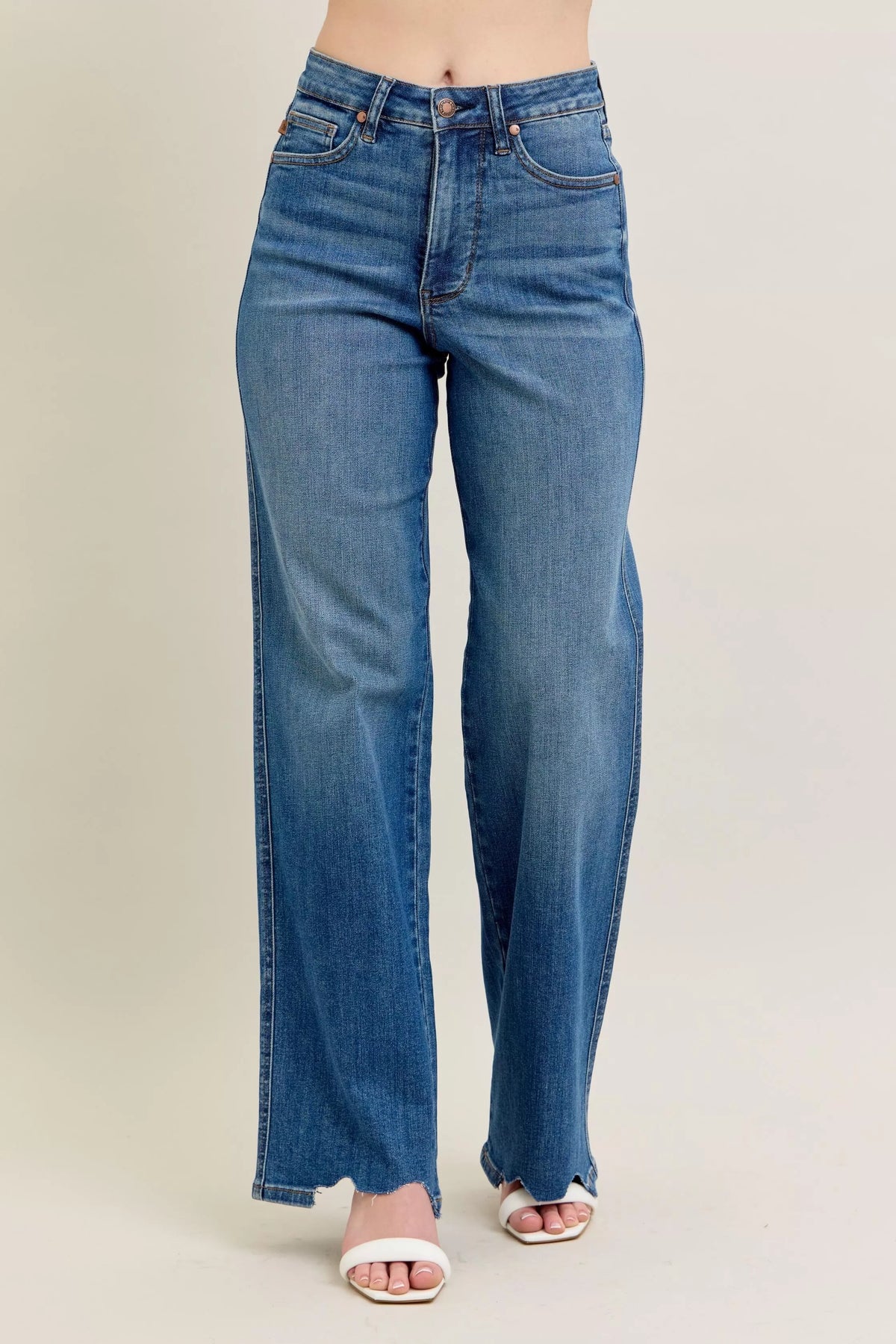 Judy Blue Full Size High Waist Tummy Control Chew Hem Destroy Wide Jeans Plus Size - Lilixa.store