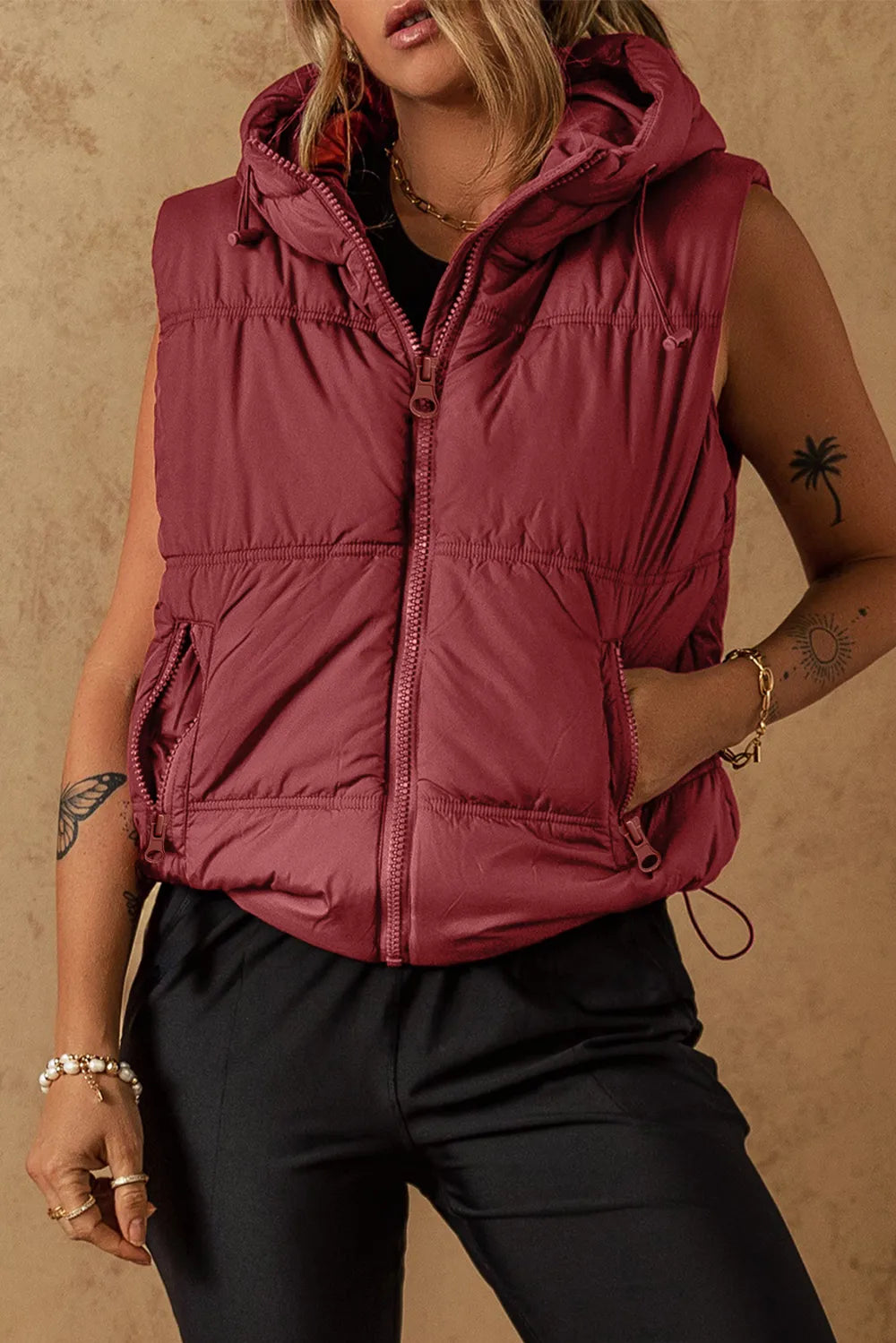 Drawstring Zip Up Hooded Vest Coat in Burgundy, view 2