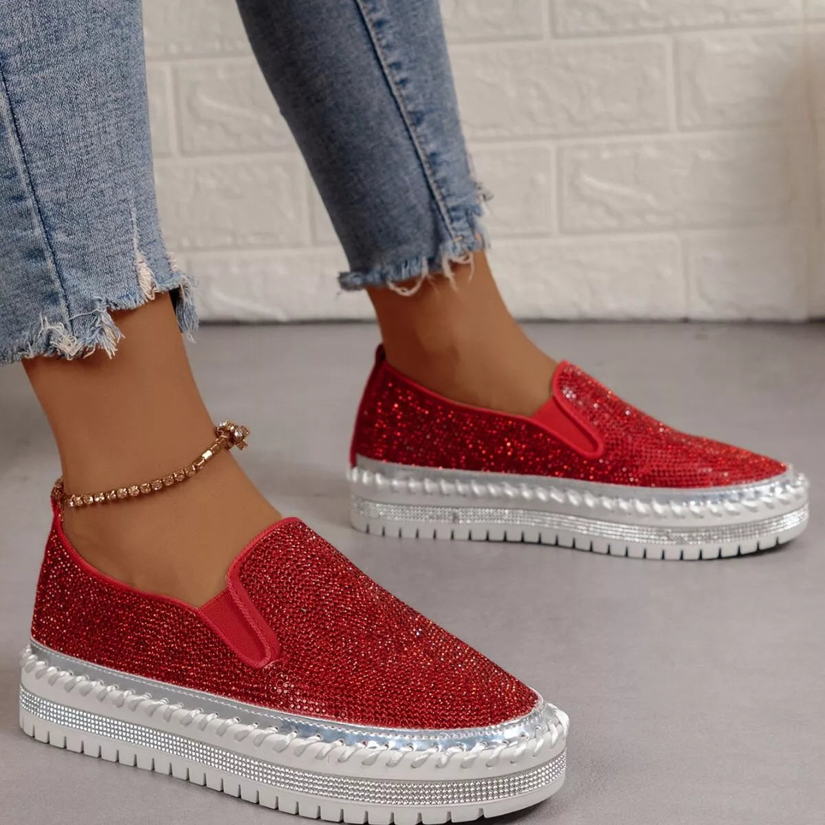 Rhinestone Round Toe Platform Loafers