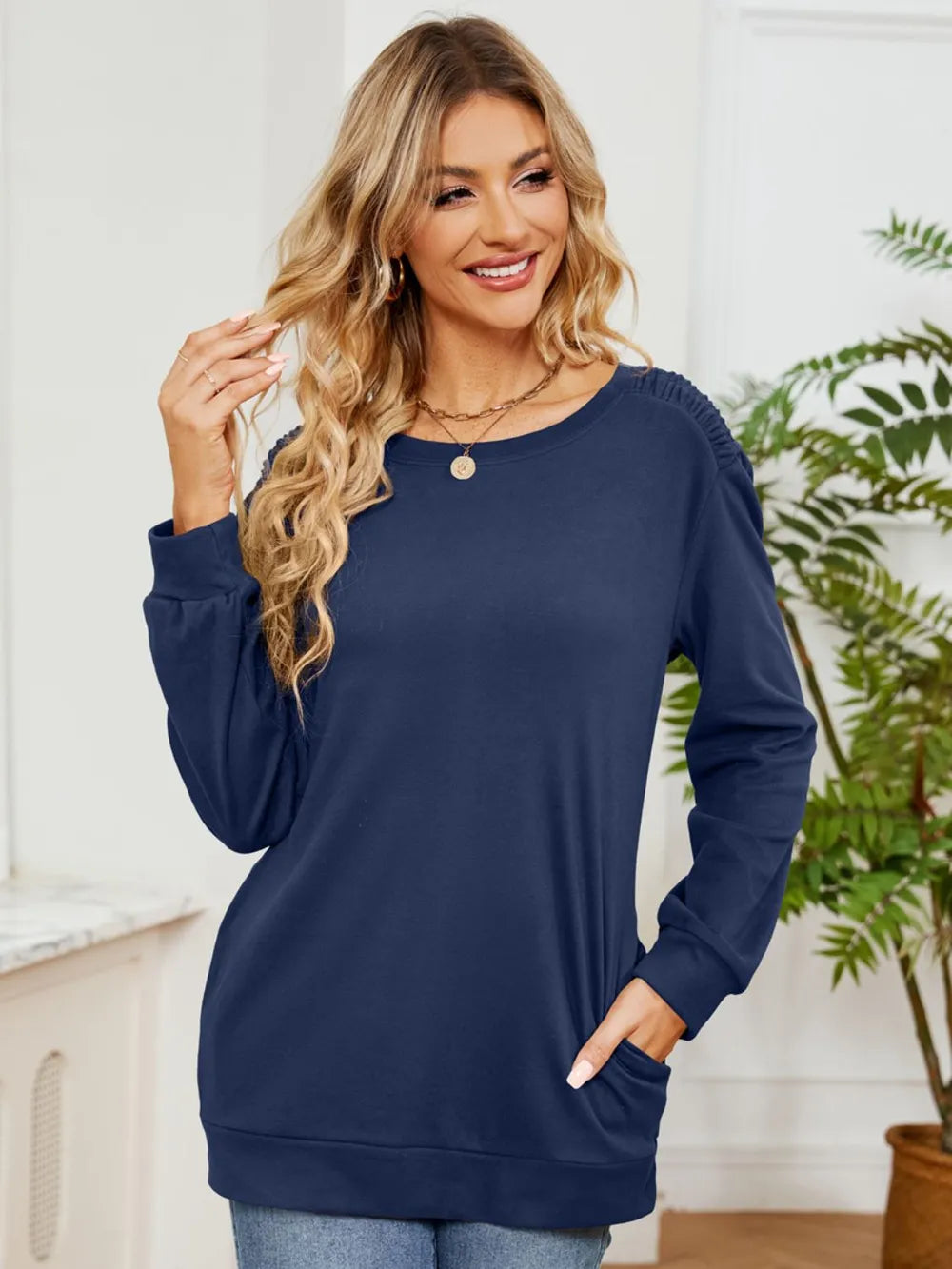Ruched Shoulder Round Neck Long Sleeve Sweatshirt - Lilixa.store
