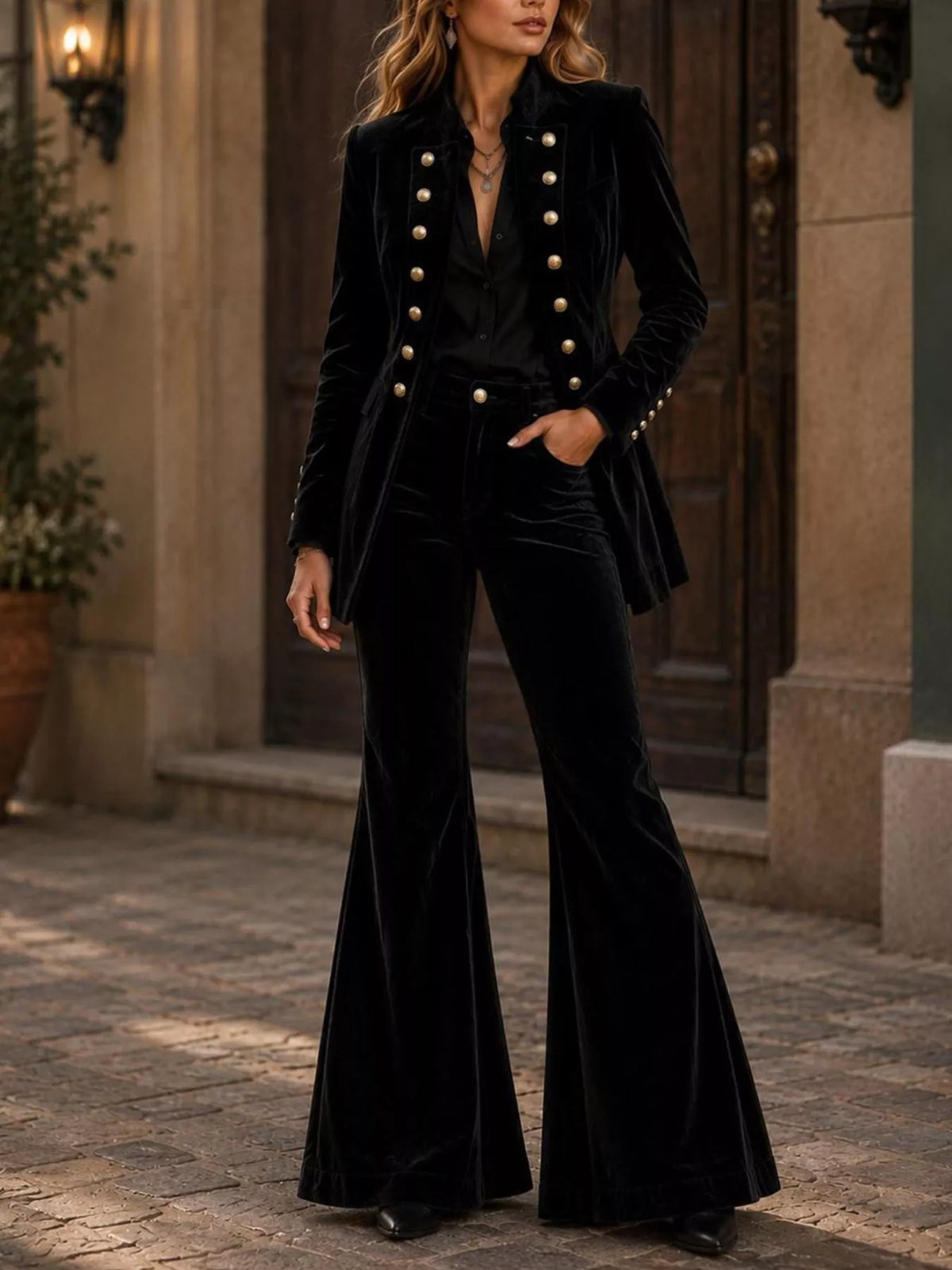 Velvet Double-Breasted Blazer and Flare Pants Set in Black