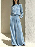 Velvet Mock Neck Long Sleeve Top and Wide-Leg Pants Set - Lilixa.store