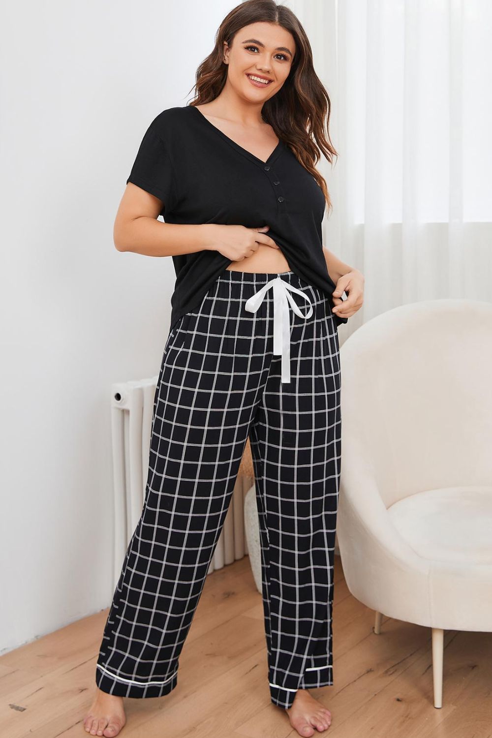 Plus Size V-Neck Top and Plaid Pants Lounge Set - Lilixa.store