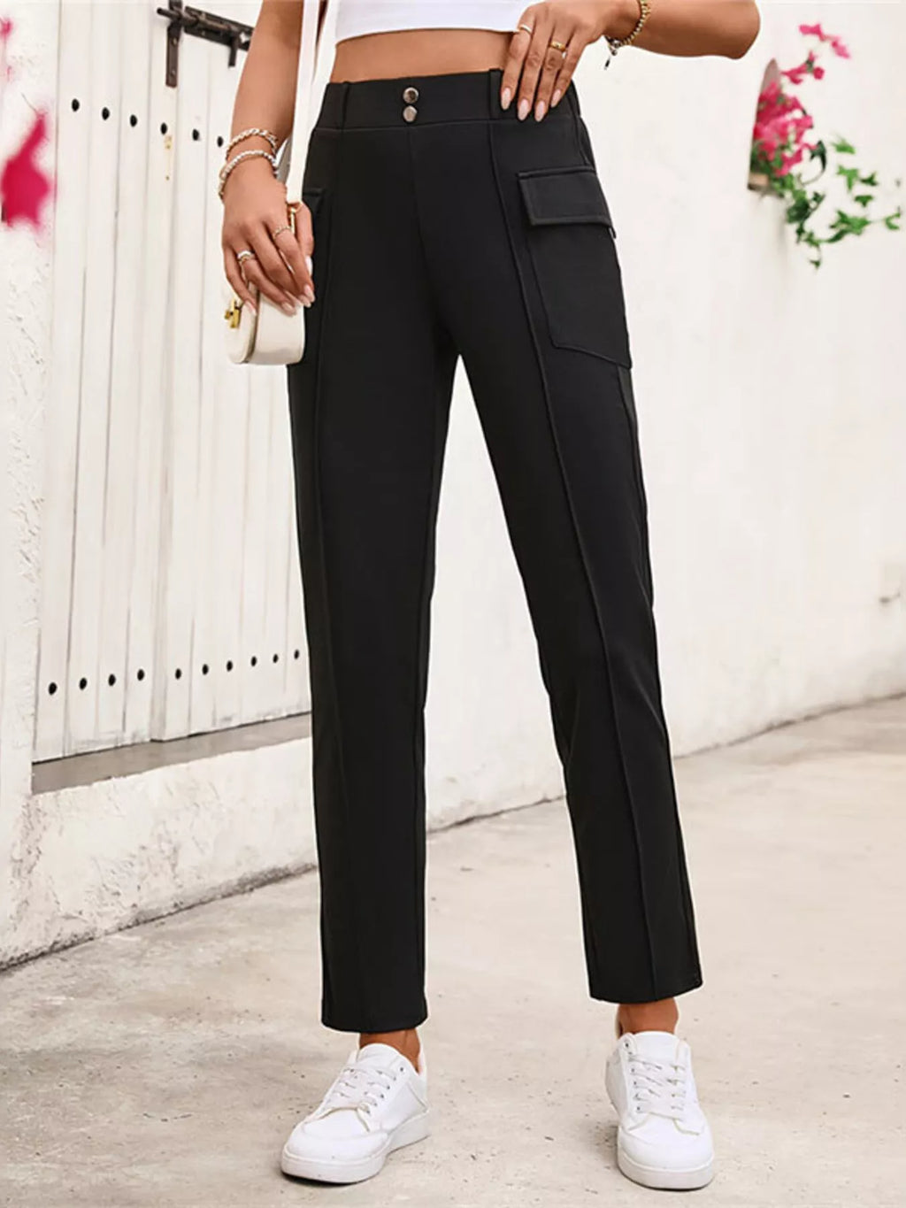 High-Waisted Slim Fit Pants in Black, view 2
