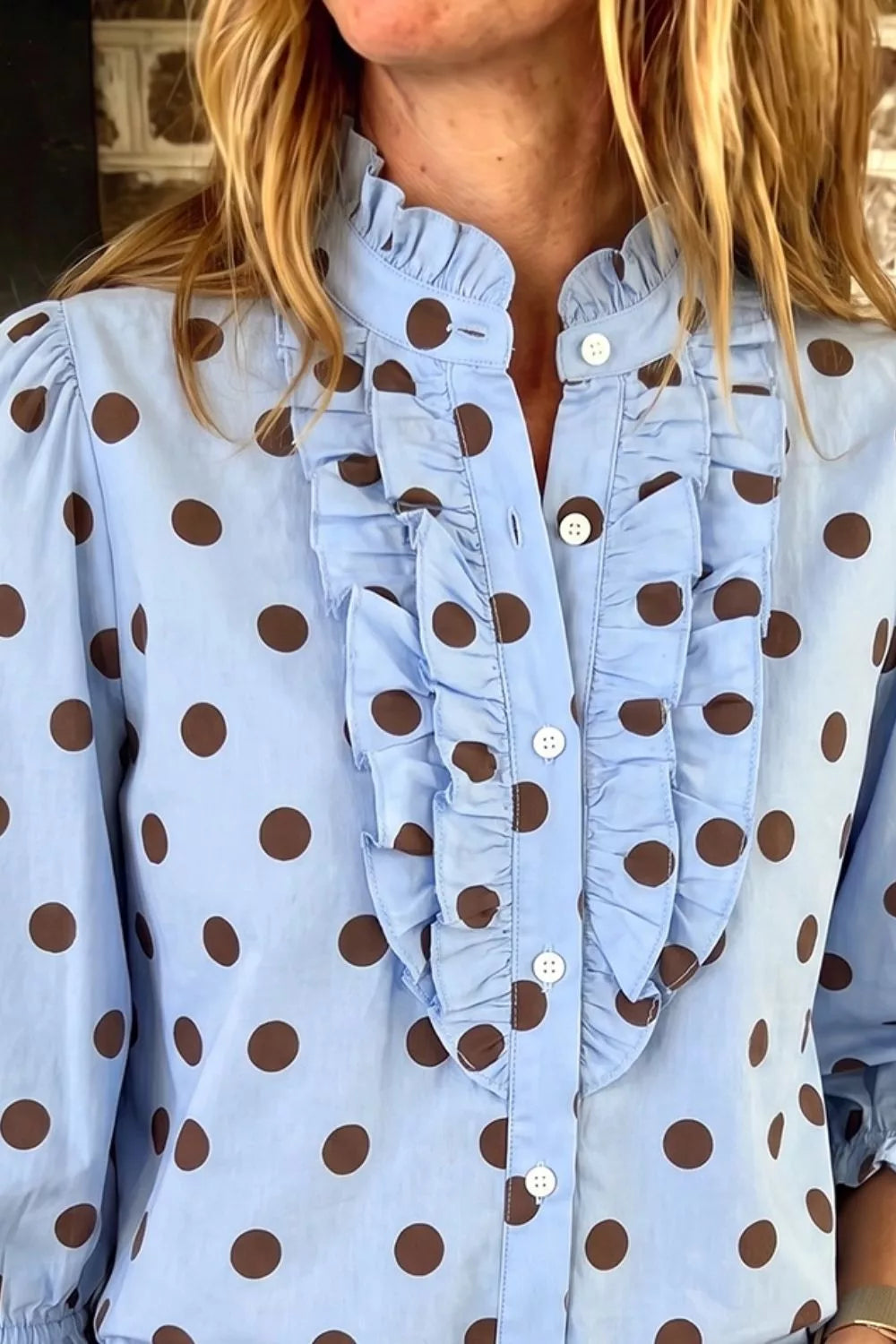 Polka Dot Ruffled Stand-Collar Shirt, view 2