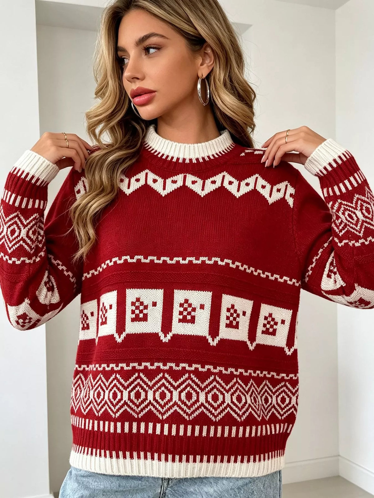 Christmas Festive Fair Isle Patterned Crew Neck Sweater in Red