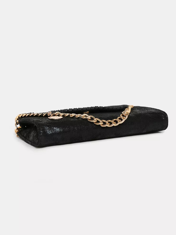 Matte PU Leather Textured Chain-Strap Shoulder Bag in Black, view 6