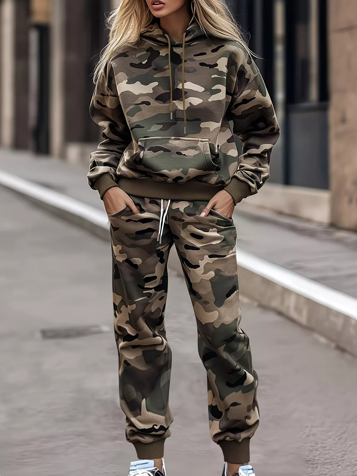 Camouflage Print Hoodie and Joggers Two-Piece Set