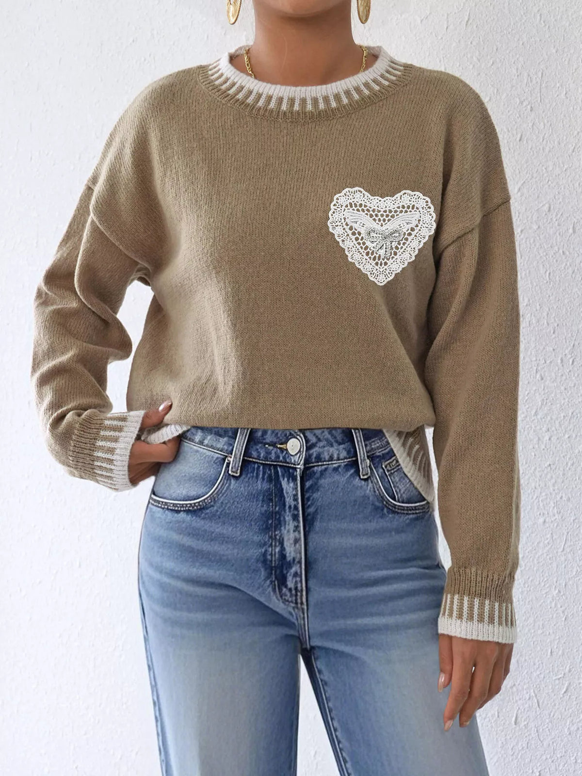 Lace Heart Contrast Trim Sweater