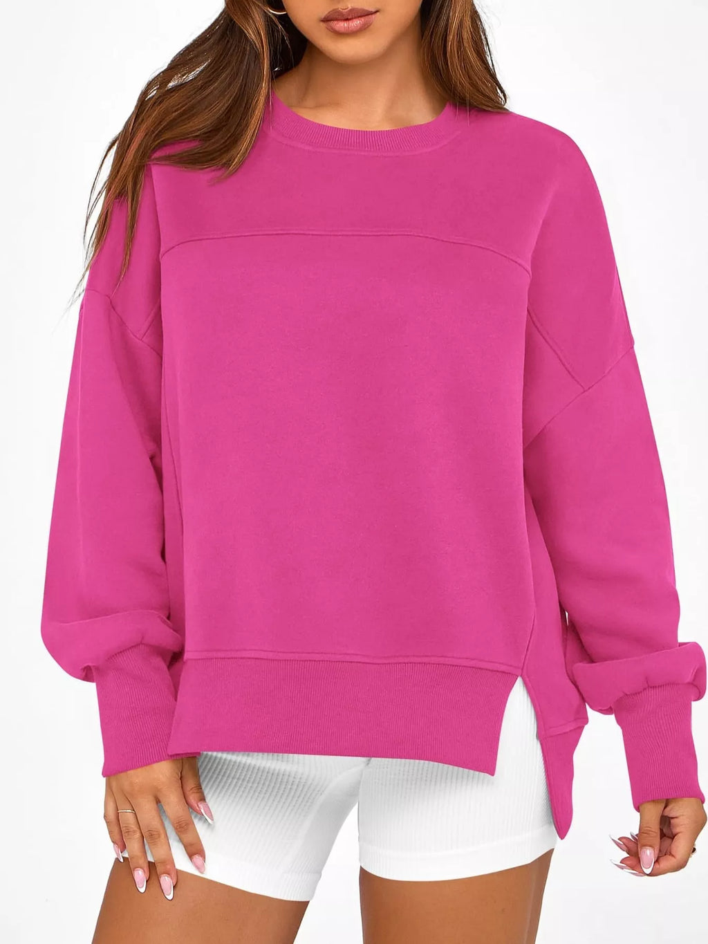 Slit Round Neck Dropped Shoulder Sweatshirt - Lilixa.store