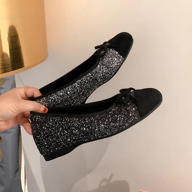 Bow Contrast Sequin Round Toe Slip-Ons in Black