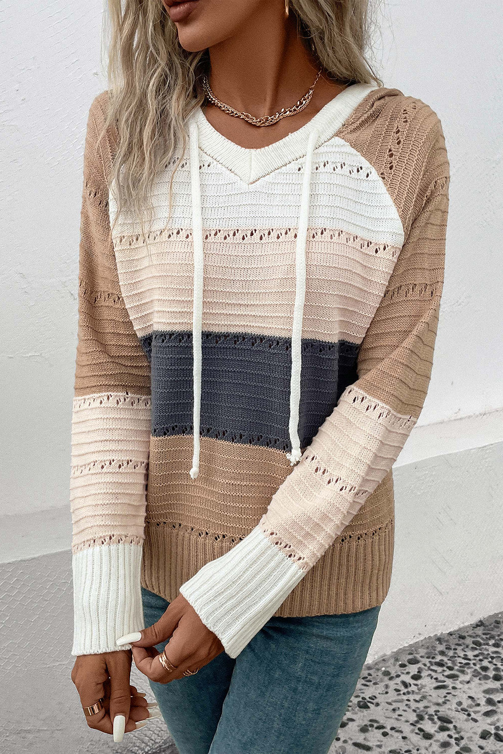 Perfee Color Block Drawstring Hooded Sweater in Khaki, view 4