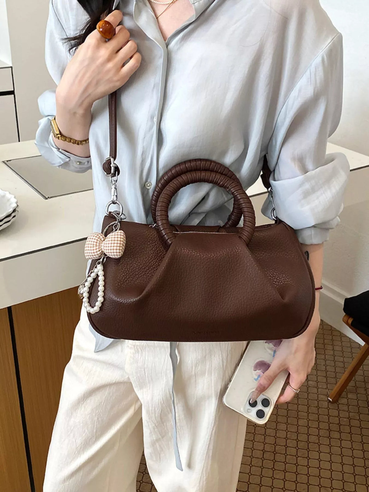 Top Handle Crossbody Bag with Pearl Bow Charm
