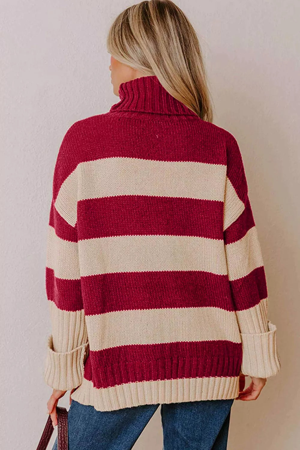 Stripe Ribbed Trim High Neck Relaxed Pullover Sweater