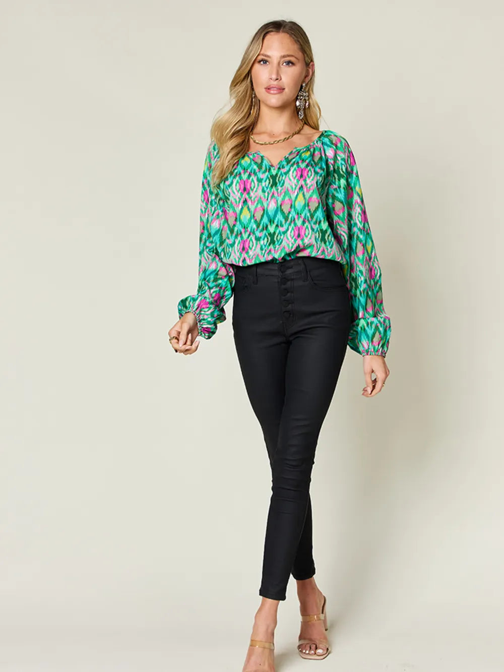 Double Take Full Size Printed Balloon Sleeve Blouse - Lilixa.store