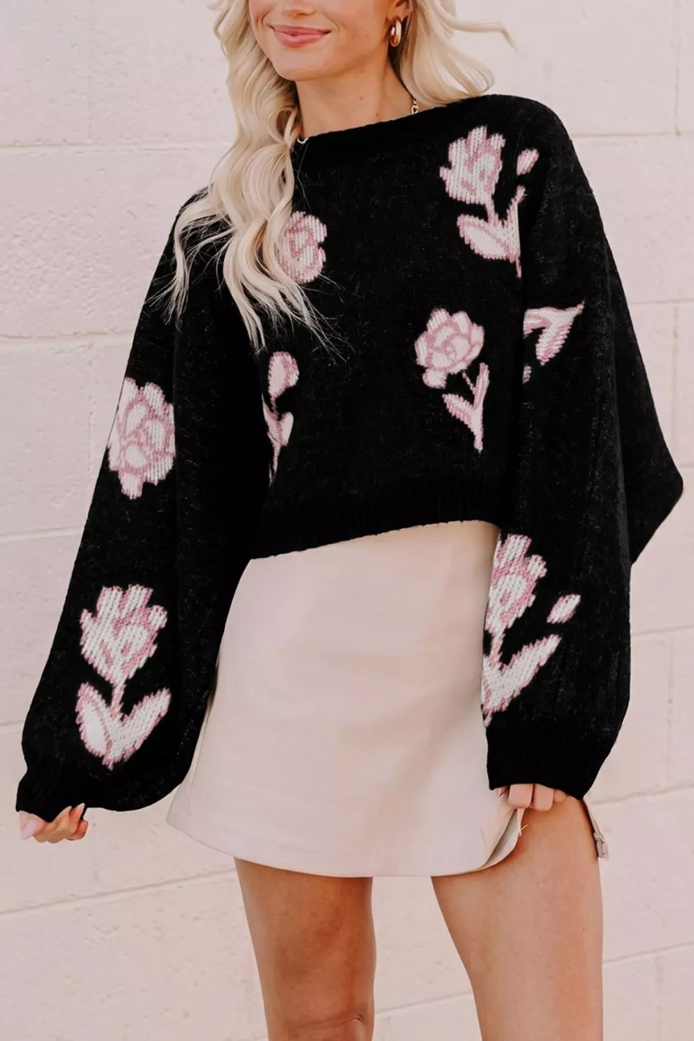 Floral Pattern Puff Sleeve Dropped Shoulder Pullover Sweater