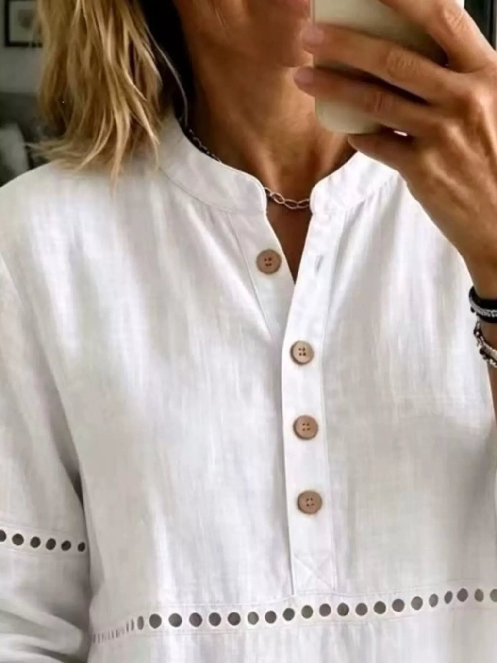 Full Size Button Detail Eyelet Long Sleeve Blouse Plus Size - Lilixa.store