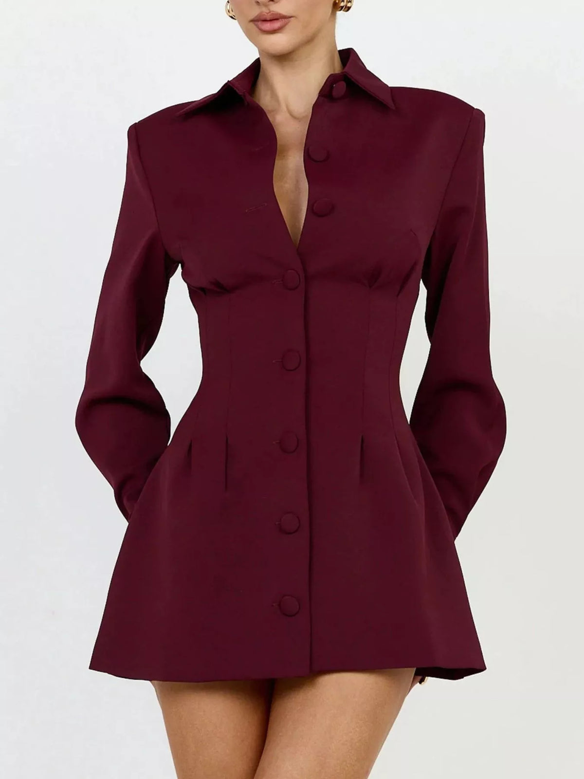Corset-Style Button-Down Blazer Dress in Wine Red