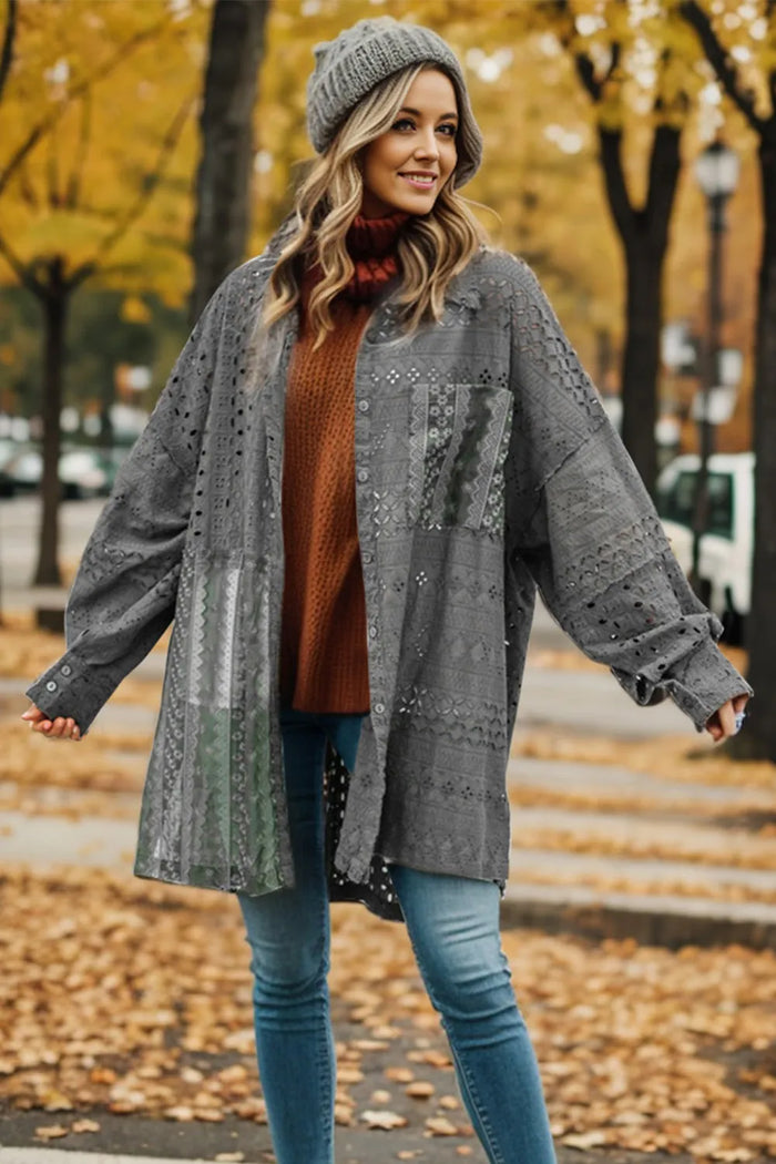 Openwork Button Up Long Sleeve Shacket in Charcoal