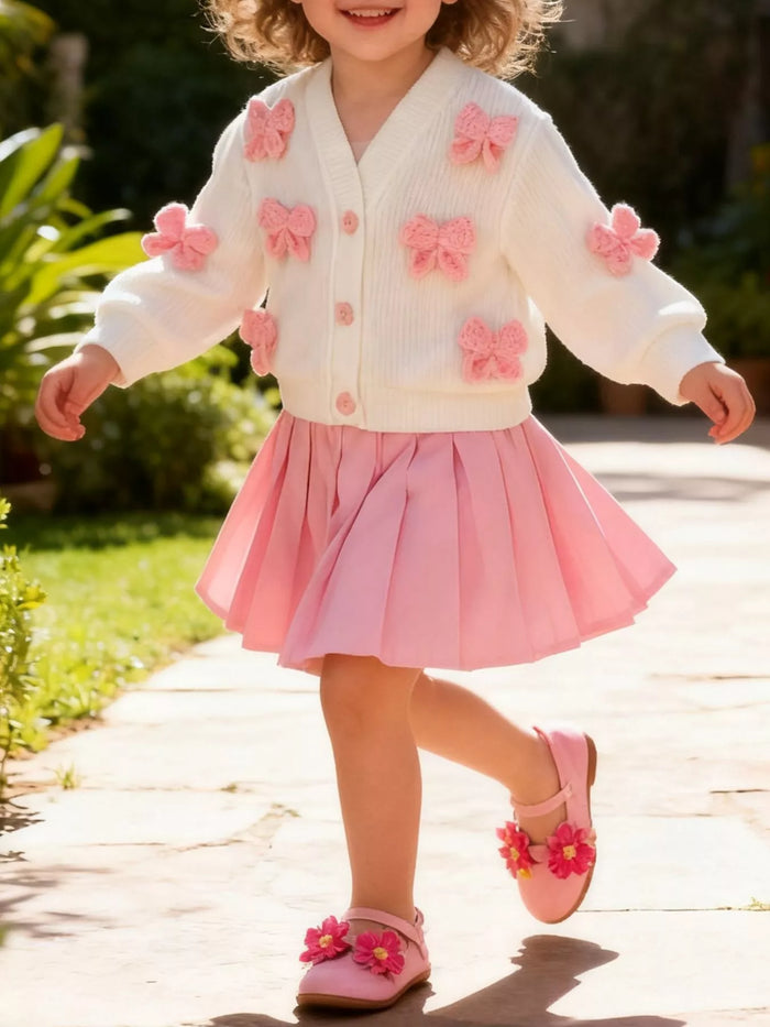Children's Bow Button Up Cardigan and Pleated Skirt Set - Lilixa.store