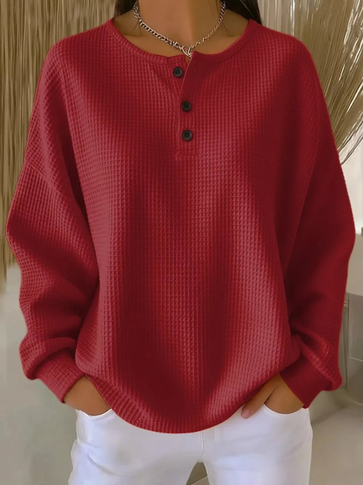 Full Size Waffle Knit Button Detail Top Plus Size - Lilixa.store
