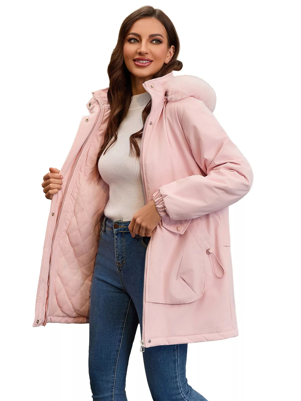 Full Size Fur Hooded Warm Winter Parka Outerwear Plus Size in Pink